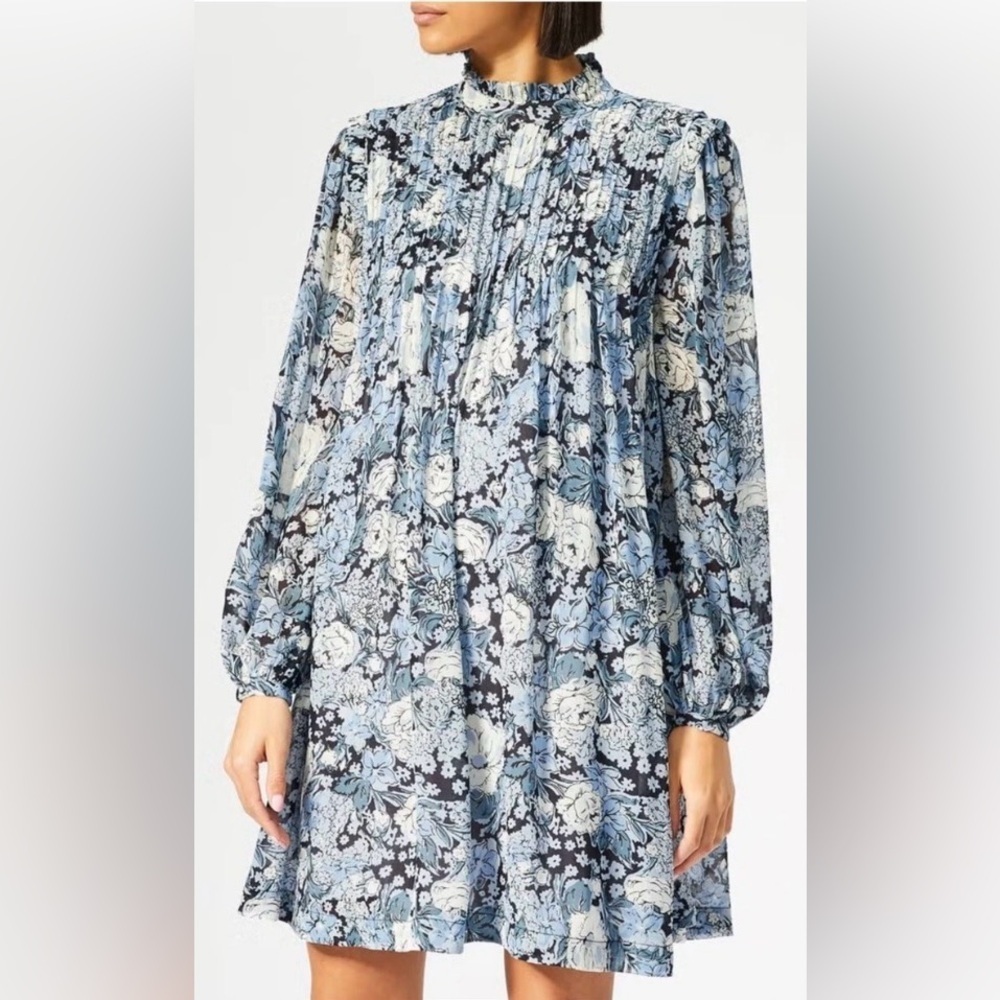 Ganni Elm Georgette Mini Dress in blue floral print. Size 34 or US XS 2